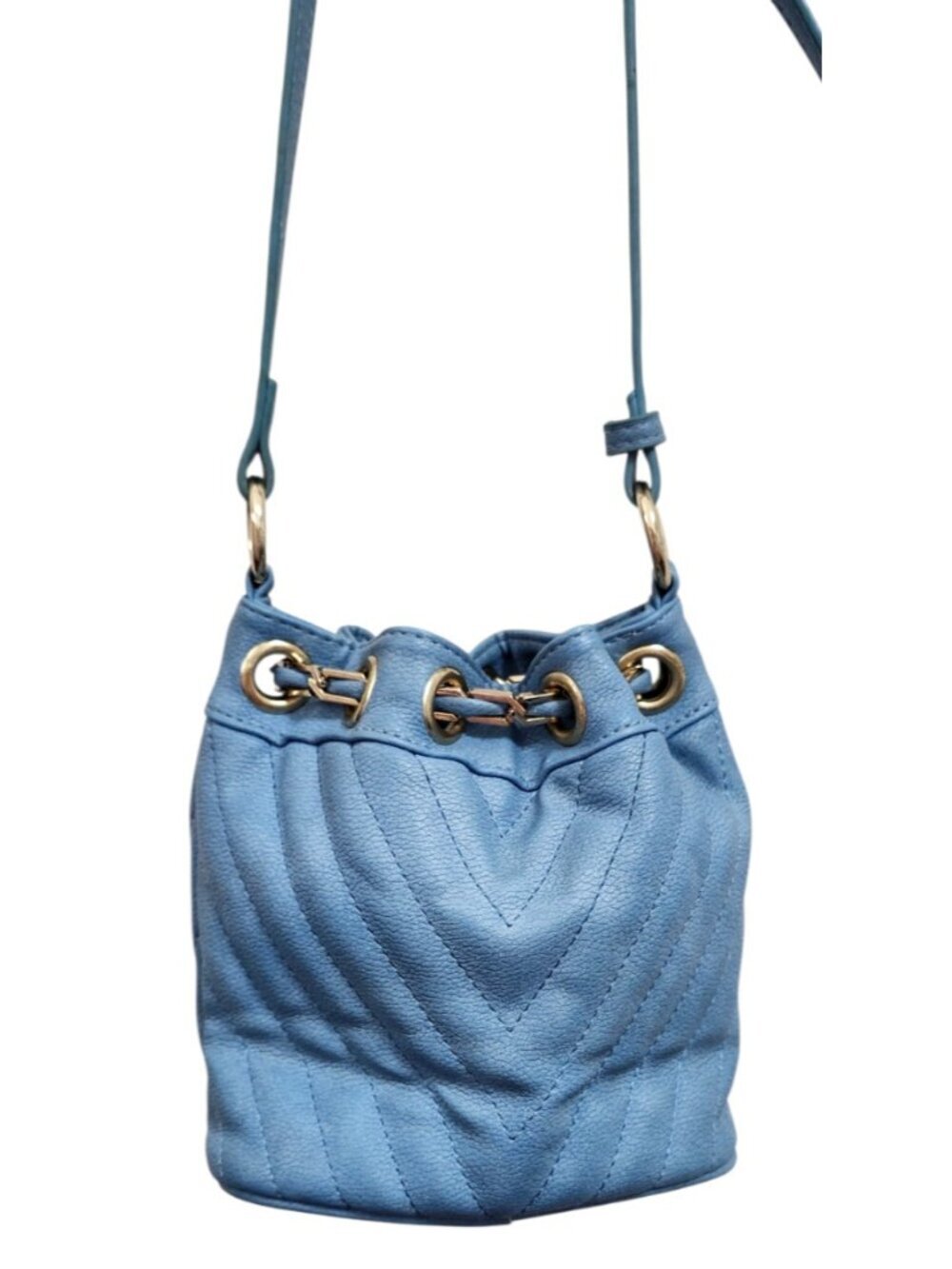 Free People Blue Faux Leather Mini Bucket Bag Gold Chain Drawstring Crossbody - Picture 5 of 14